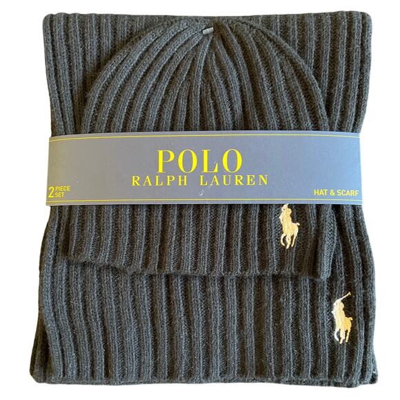 Polo Ralph Lauren Hat & Scarf Wool Blend Black Classic Pony Rib Knit Beanie NEW - Picture 1 of 5